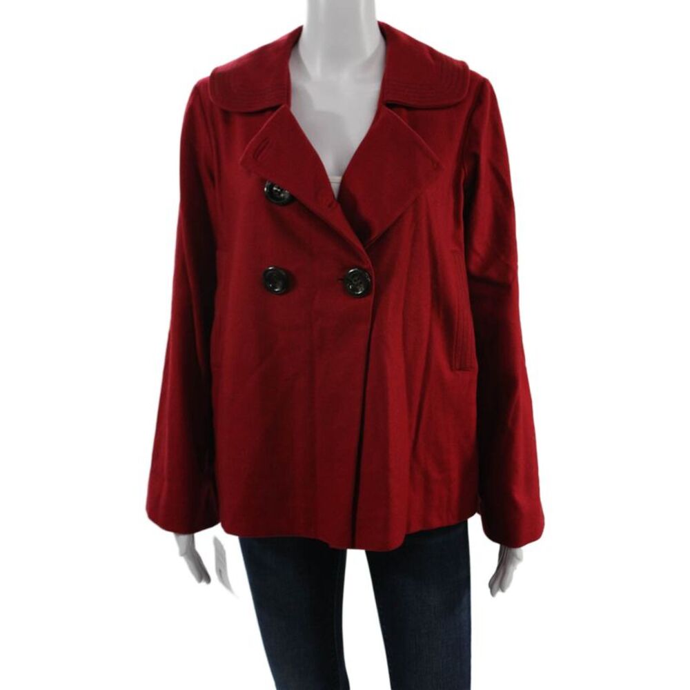 Shannon Mclean Women Red Wool Blend Pea Coat Collared Button Long Sleeve Size S